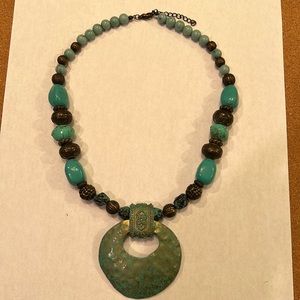 Statement necklace - turquoise/bronze beaded with center metal charm, exotic
